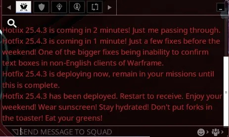Warframe update messages