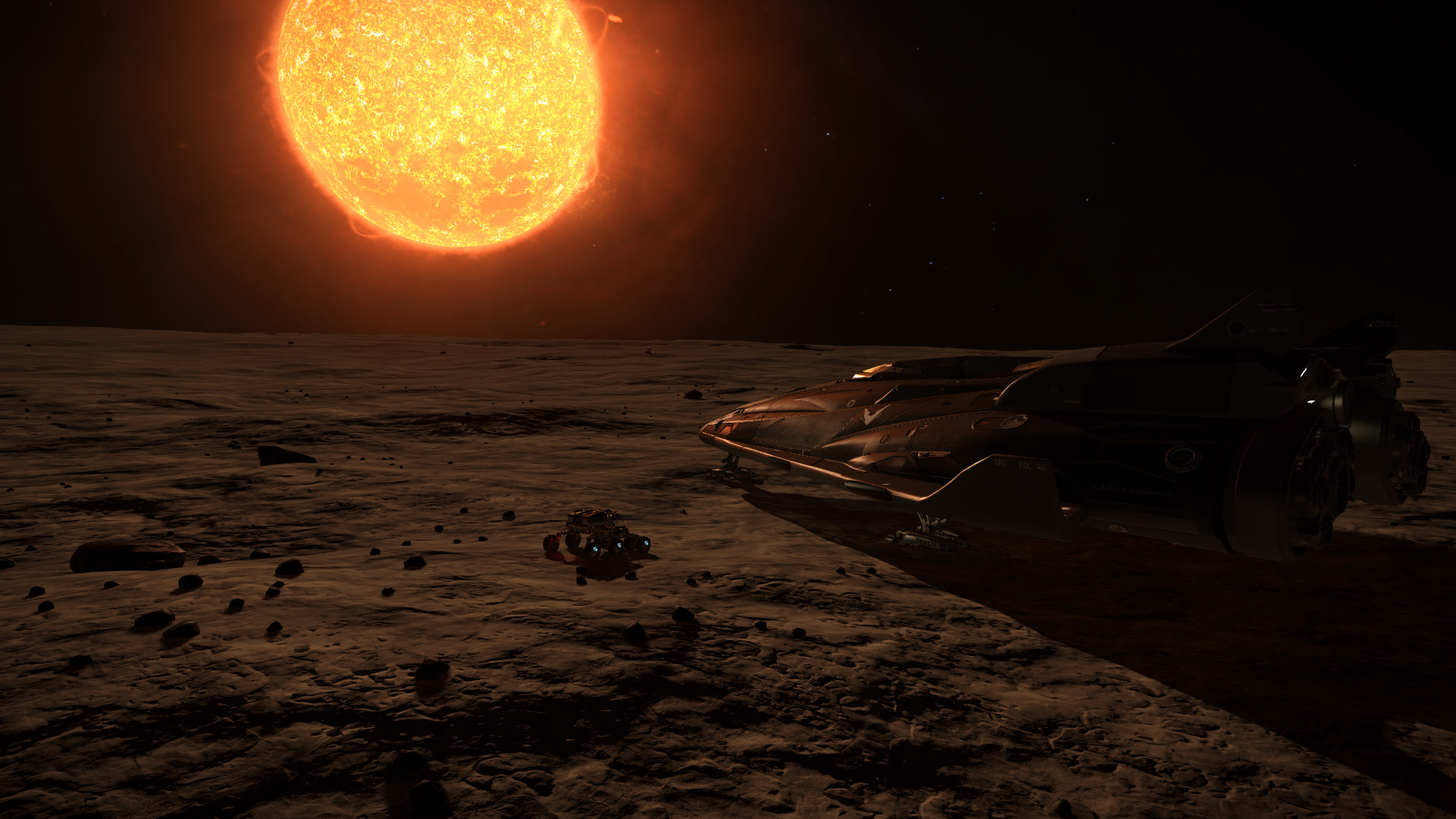 Fer-de-Lance docked on rocky planet and deployed SRV.